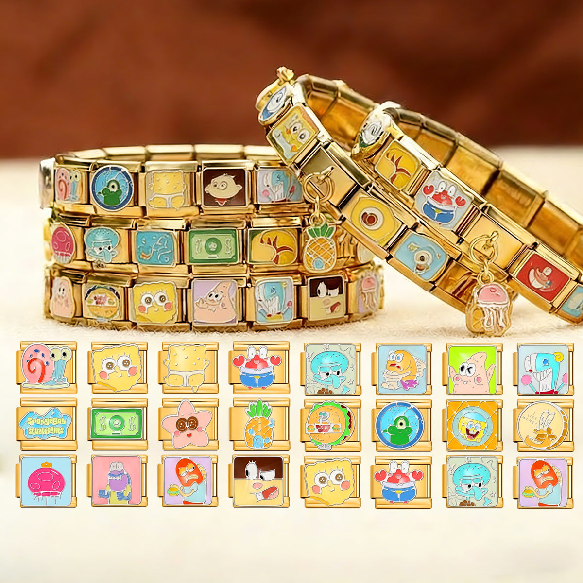 SpongeBob SquarePants Personalized Italian Bracelet, Custom Gold Italy Charms,Gift for Her