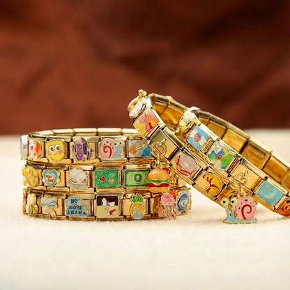 SpongeBob SquarePants Personalized Italian Bracelet, Custom Gold Italy Charms,Gift for Her